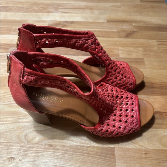Sundance Gabriella Red Woven Leather Peep Toe Block Heels size 40 - Picture 9 of 9